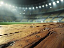 close up of empty wooden table with blurred soccer stadium arena background photo