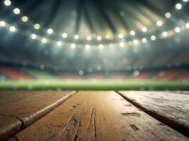 close up of empty wooden table with blurred soccer stadium arena background. photo