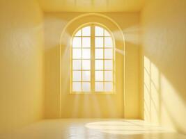 Sunlight casting shadows in a yellow minimal room with arch and window. photo
