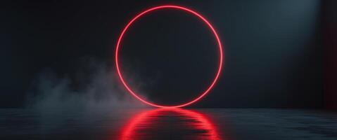 Neon Red Circle on Dark Background with Reflections on Floor. photo