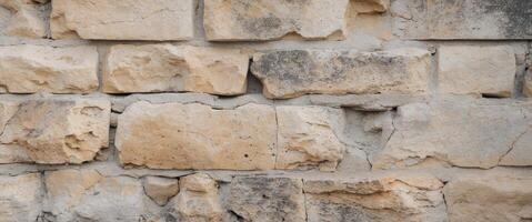 Aged and grungy appearance of a beige stone wall with a rough texture provides a natural backdrop for diverse designs. photo
