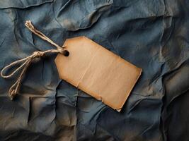 Blank brown paper tag with string attached on dark textured fabric background Copy Space. photo