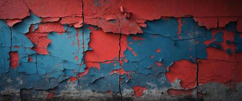 Red and blue grunge wall texture presenting distressed urban background with open negative space for graphic design projects. photo