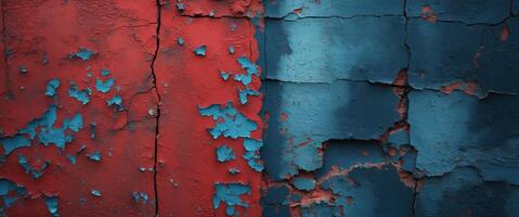 Red and blue grunge wall texture presenting distressed urban background with open negative space for graphic design projects photo