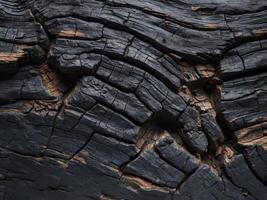 Black charred wood texture with deep cracks and crevices Copy Space photo