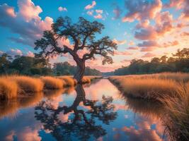 Serene Riverbank Scene with Majestic Lone Tree Surrounded by Golden Grasses and Reflections Under a Blue Sky with Fluffy Clouds at Sunset. photo