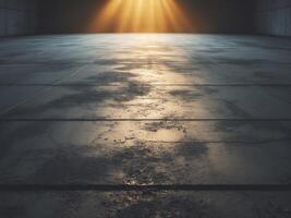 Empty concrete floor illuminated by warm light beam in dark room photo