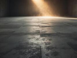 Empty concrete floor illuminated by warm light beam in dark room. photo