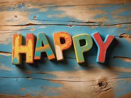 Colorful wooden alphabet blocks spelling the word happy on a rustic wooden surface photo