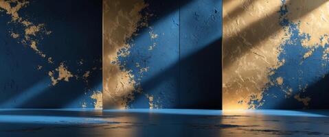 Abstract Expressionism Triptych Textured Panels in Deep Blues and Warm Golds with Dramatic Side Lighting photo