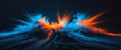 Explosive clash of blue and orange lights in darkness represents the dynamic conflict between light and darkness photo