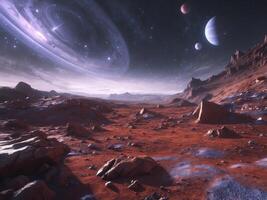 Rocky Surface of an Alien Planet with Blurred Stars and Planets in the Background photo