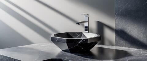 Hexagonal black marble vessel sink on dark gray stone background with sleek faucet showcasing modern elegance in bathroom design aesthetics. photo