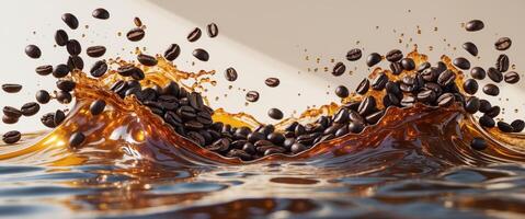 Coffee beans splash into rich liquid creating dynamic waves of energy in a vibrant setting. photo