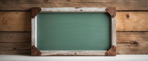 Empty Green Chalkboard with Weathered Wooden Frame and Metal Corners on a Rustic Wood Background. photo