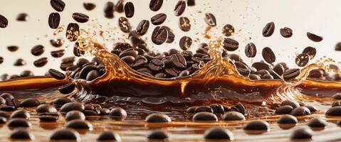Coffee beans splash into rich liquid creating dynamic waves of energy in a vibrant setting photo