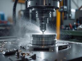 Precision Machining Process of Metal Component with Coolant Spray. photo