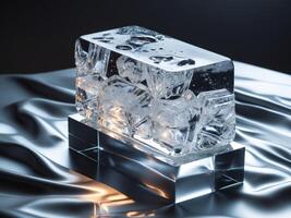 Clear ice block on reflective surface with dramatic lighting and dark background exhibiting transparency and texture Copy Space photo