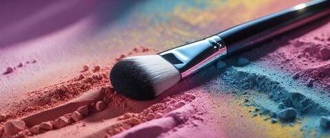 Glossy Makeup Brush on Colorful Powder Background in Vivid Setting photo