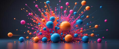 Colorful spheres exploding and creating abstract design on dark background. photo
