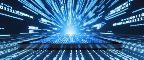 Digital computer screen with blue binary data background photo