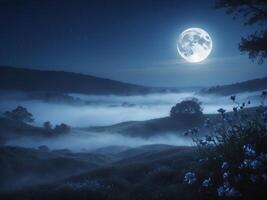 Experience a serene and tranquil night scene illuminated by the moon and deep shadows. photo