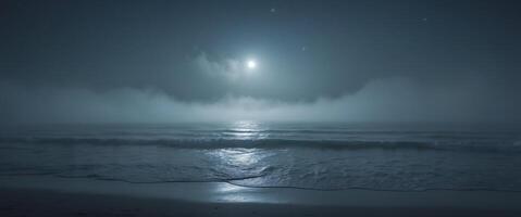 Mysterious fog rolls across a dark ocean surface during nighttime hours. photo