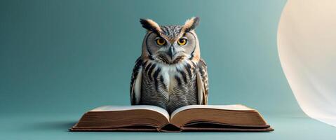 Wise Owl Reading Book on Teal Background with Copy Space for Education Wisdom and Learning Concept photo