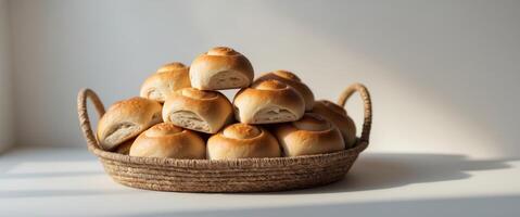 Freshly Baked Bread Rolls in a Rustic Display Basket. photo