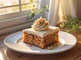 National Carrot Cake Day Homemade carrot cake slice with cream cheese frosting by sunny window. photo