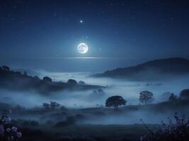 Experience a serene and tranquil night scene illuminated by the moon and deep shadows photo