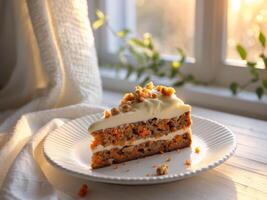 National Carrot Cake Day Homemade carrot cake slice with cream cheese frosting by sunny window photo