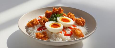 Savory Rice Bowl with Crispy Fried Bites Soft Boiled Eggs and Spicy Sauce. photo