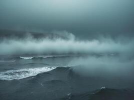 Fog rolling over a deep blue ocean water surface creating a mystical and moody atmosphere. photo