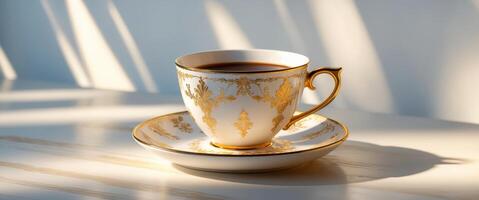 Elegant Golden Decorated Coffee Cup with Saucer on Luxurious Table Surface photo