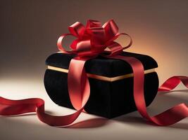 An Elegant Gift Box adorned with a beautiful Red Ribbon and Soft Ambient Lighting. photo