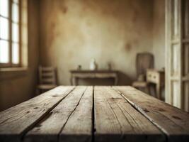 Blurred Background Room Interior with Empty Copy Space on Wooden Table Top. photo