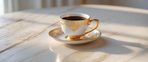 Elegant Golden Decorated Coffee Cup with Saucer on Luxurious Table Surface. photo