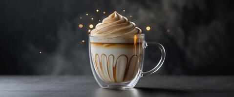 Elegant latte art in glass mug with creamy layers on dark background. photo