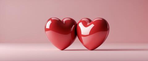 Two shiny red hearts joined together on a pink background represent love and affection on Valentine's Day. photo