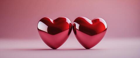 Two shiny red hearts joined together on a pink background represent love and affection on Valentine's Day photo