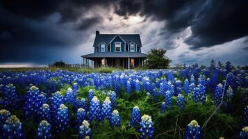clouds bluebonnets house photo