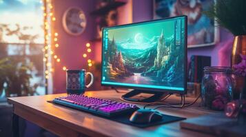 led computer with coffee photo
