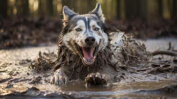 puddle dog playing in water photo