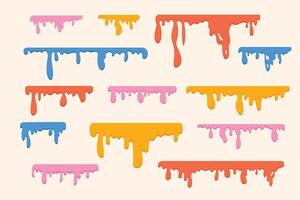 Large set of colorful flowing liquid drops from above. Hand drawn drops of liquid paint vector
