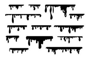 Black melt drops. Flowing liquid dripping from above. Hand drawn liquid paint drops on an isolated background. vector