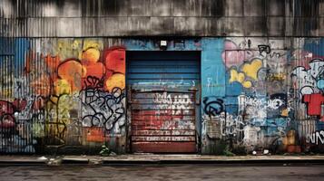 grey block wall with a door photo