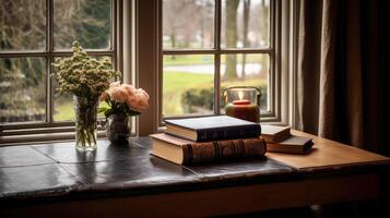 window table with books photo