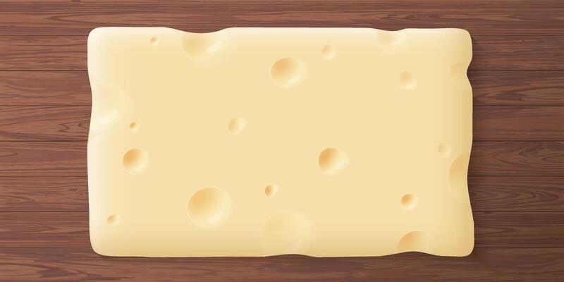 A piece of swiss cheese cross section texture on wooden plate background graphic illustration.