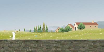 A cat playing with butterfly on old brick wall have small village in colorful flower fields hill and mountain range behind graphic illustration. vector